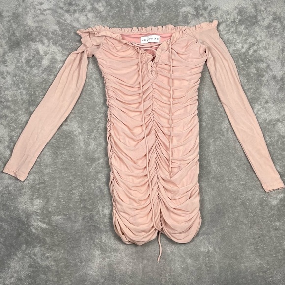 Hello Molly Dress Womens Medium Pink Feminine Ruched Bodycon Mesh Coquette Mini - Picture 4 of 11